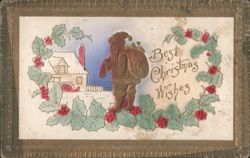 Embossed Santa Claus with Holly Wreath and House, Best Christmas Wishes Postcard