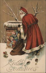 Santa Claus with Sack of Toys Emerging from Snowy Chimney, Xmas Greeting Postcard