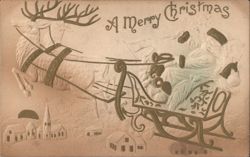 Embossed Santa Claus in Sleigh with Reindeer, Merry Christmas Postcard