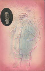 Embossed Santa Claus with Drum and Woman's Portrait, Merry Christmas Greeting Postcard