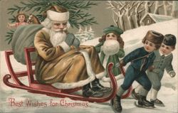 Santa Claus in Sleigh with Horse and Children in Snowy Landscape Postcard