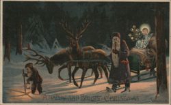 Santa Claus, Child, Deer, Angel in Sleigh, Snowy Christmas Night Postcard