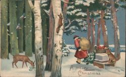 Christmas Forest Scene with Gift Carrier, Deer, Squirrel, and Birds Postcard
