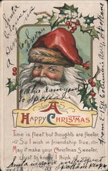 Santa Claus with Holly and Berries, Happy Christmas Greeting Postcard