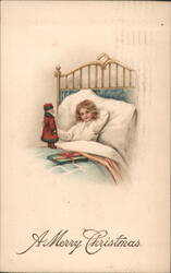 Child in Bed with Santa Claus Doll and Gift, A Merry Christmas Postcard