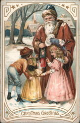 Santa Claus with Children in Snowy Village, Christmas Greetings Postcard