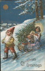 Gnome Pulling Sled with Angel Girl, Christmas Tree & Gifts in Snowy Village Postcard