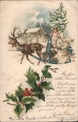Santa Claus with Child, Deer, Sleigh, Christmas Tree, and Holly Postcard