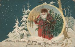 Santa Claus Carrying Christmas Tree in Snowy Winter Scene Postcard