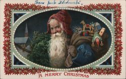 Santa Claus with Toys and Christmas Tree, Poinsettia Border Postcard