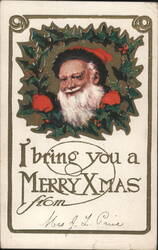 Santa Claus in Holly Wreath, Merry Christmas Greeting Postcard