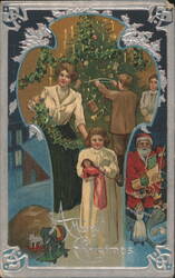 Merry Christmas with Family Decorating Tree, Santa Claus, and Toys Postcard