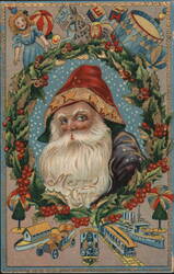 Santa Claus in Holly Wreath with Toys, Merry Xmas Greeting Postcard