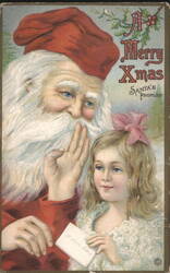 Santa Claus Whispering to Little Girl, A Merry Xmas, Santa's Promise Postcard