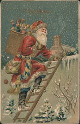 A Merry Christmas Santa Claus Climbing Ladder with Basket of Toys Postcard