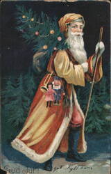 Santa Claus Carrying Christmas Tree with Dolls and Trumpet Postcard