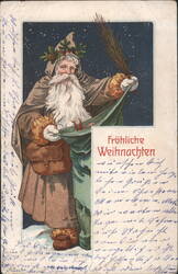 Santa Claus with Broom and Sack of Gifts, Starry Night Postcard
