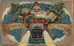 Santa Claus Driving Car with Christmas Trees, Toys, and Child, Merry X'mas Postcard