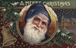 A Merry Christmas Santa Claus with Pine Branches and Bell Postcard