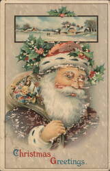 Santa Claus with Toys and Winter Village - Christmas Greetings Postcard