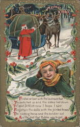 Santa Claus Loading Sleigh with Reindeer and Child in Snowy Forest Postcard