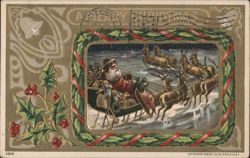 Santa Claus Flying Sleigh with Reindeer, A Merry Christmas Holly Border Postcard