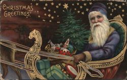 Christmas Greetings Santa Claus in Sleigh with Toys and Christmas Tree Postcard