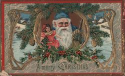 Santa Claus with Little Girl, Snowy Village, Christmas Greeting Postcard