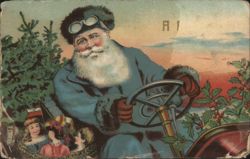 Santa Claus in Goggles Driving Car with Children & Christmas Tree Postcard