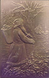 Embossed Santa Claus with Basket in Snowy Woods, Merry Christmas Postcard