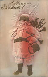 A Merry Christmas! Embossed Santa Claus with Toys & Tree Branch Postcard