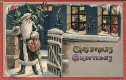 Santa Claus with Sack & Staff Delivering Christmas Greetings Postcard