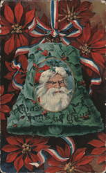 Santa Claus in Christmas Bell with Poinsettias & Patriotic Ribbon Postcard