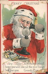 Santa Claus on Candlestick Telephone with Christmas Toys Postcard