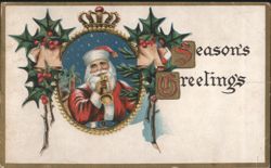 Santa Claus Playing Horn with Holly & Bells, Season's Greetings Postcard