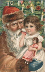Santa Claus Holding Child with Doll & Christmas Tree, Wishing You a Merry Christmas Postcard