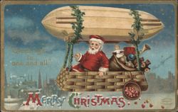 Santa Claus in a Blimp with Toys, "Merry Christmas" Greetings Postcard