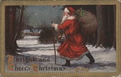 Santa Claus Walking Through Snowy Forest, 'A bright and cheery Christmas' Postcard