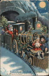 Santa Claus, Children & Christmas Tree on a Decorated Train in Snowy Night Postcard