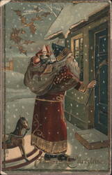 Santa Claus Delivering Toys in Snowy Scene, Merry Christmas Postcard