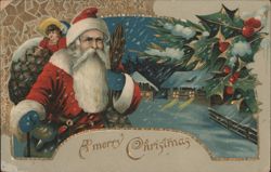 Santa Claus with Child and Snowy Winter Scene, Gilded Christmas Greeting Postcard