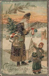 Santa Claus with Children in Snowy Village, Christmas Greetings Postcard