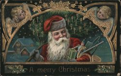 Santa Claus with Angels & Snowy Village Christmas Greeting Postcard