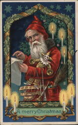 Santa Claus with List, Toys, Holly Wreath, A Merry Christmas Postcard
