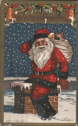 Santa Claus on Chimney with Sack of Toys, Christmas Greetings Postcard
