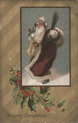 Santa Claus in Snowy Scene with Gifts and Holly Postcard