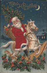 Santa Claus on a White Horse with Christmas Tree and Toys Postcard