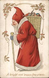 Santa Claus with Toy Basket and Walking Stick, Holly Frame Postcard