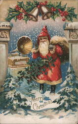 Merry Christmas Santa Claus with Gramophone and Holly Arch Postcard