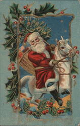 Santa Claus on White Horse with Gifts, Holly Frame Postcard